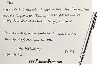 A card front with a personal handwritten note and an offer code